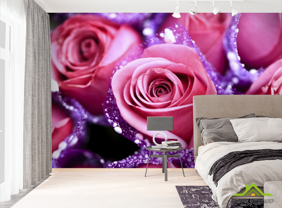выбрать Фотошпалери рожеві троянди в сереневой сітці Фотошпалери Троянди на стіну