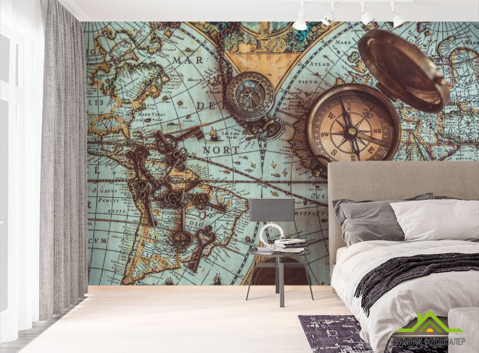 выбрать Фотошпалери Стилізована карта з ключами і компасами Фотошпалери карта Світу на стіну