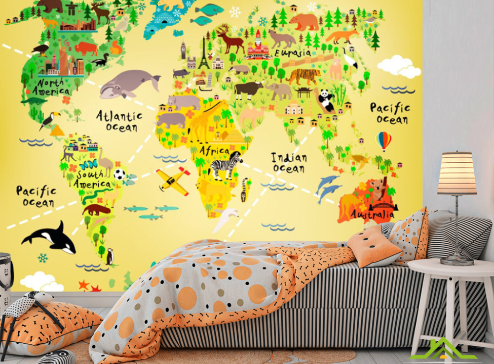 выбрать Фотообои Желтая детская карта с животными Фотообои Развивающие карты на стену