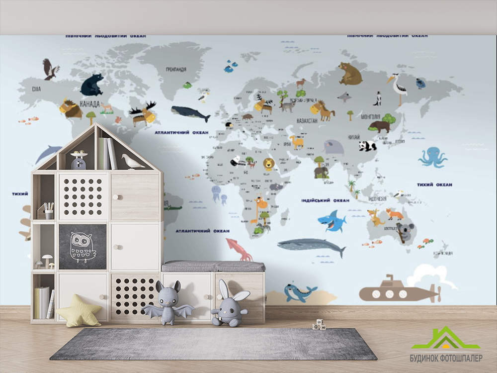 Фотошпалери Карта світу голуба з китами українською