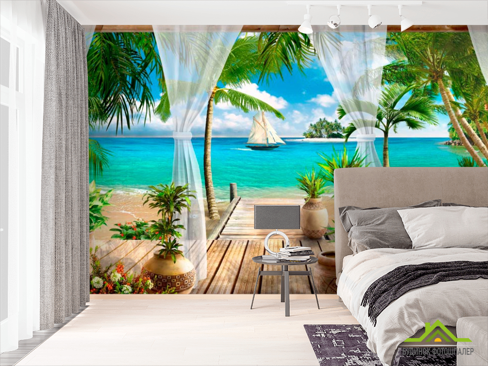 Фотошпалери Море, човен, берег, тераса