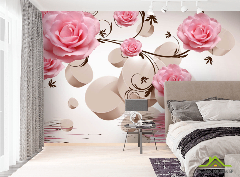 выбрать ФотообоиРозовые розы и 3д сферы Фотообои Цветы на стену