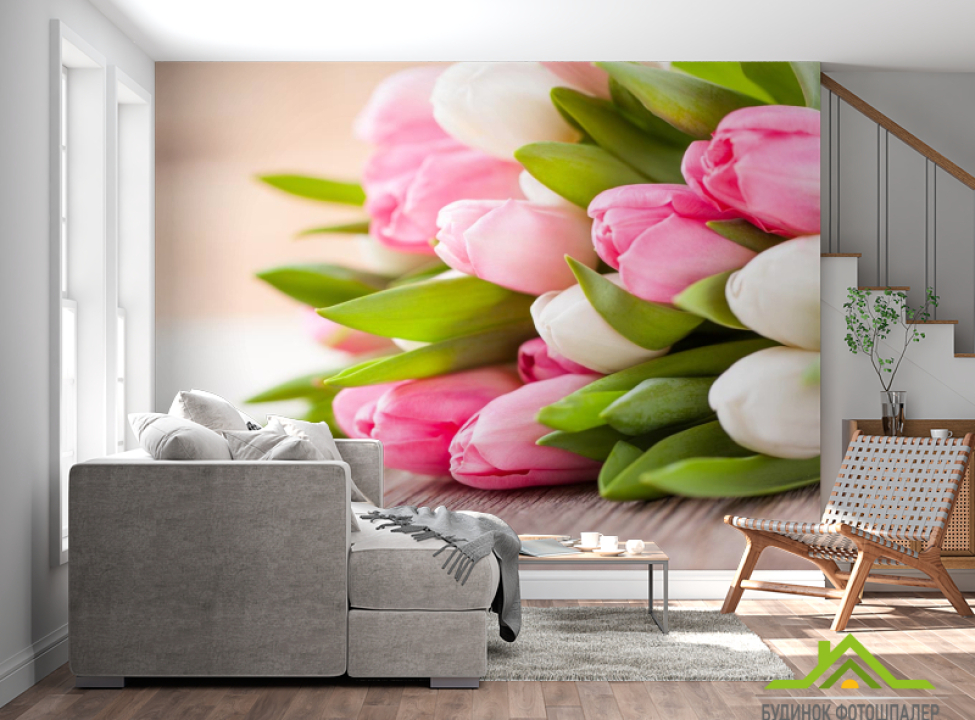 выбрать Фотошпалери білі і рожеві тюльпани Фотошпалери Квіти на стіну