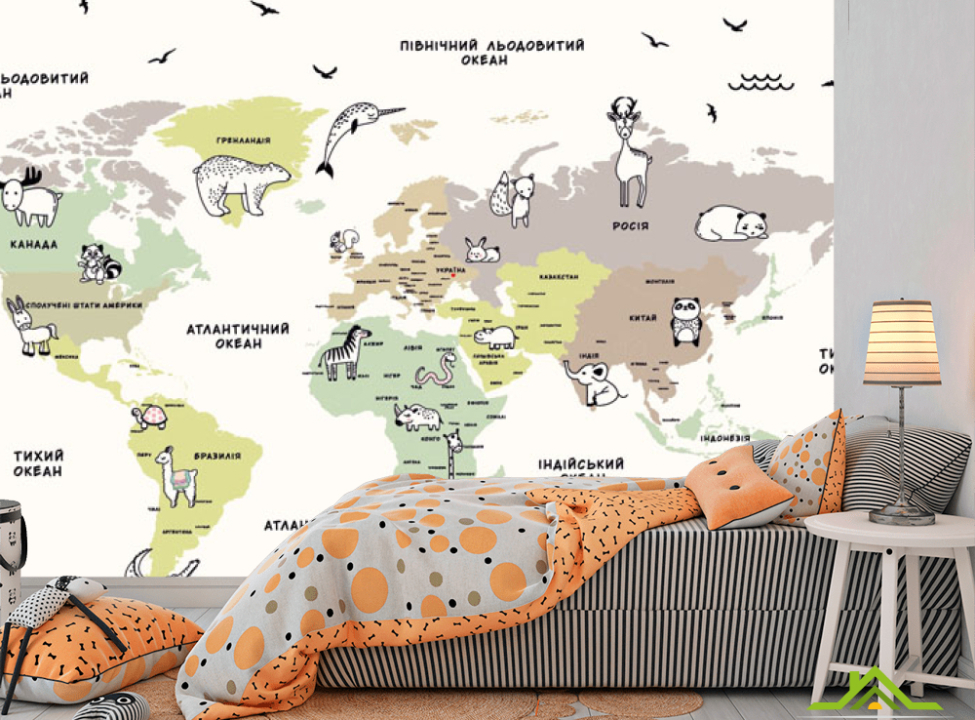 выбрать Фотообои Минималистичная карта с животными украинском Фотообои Развивающие карты на стену
