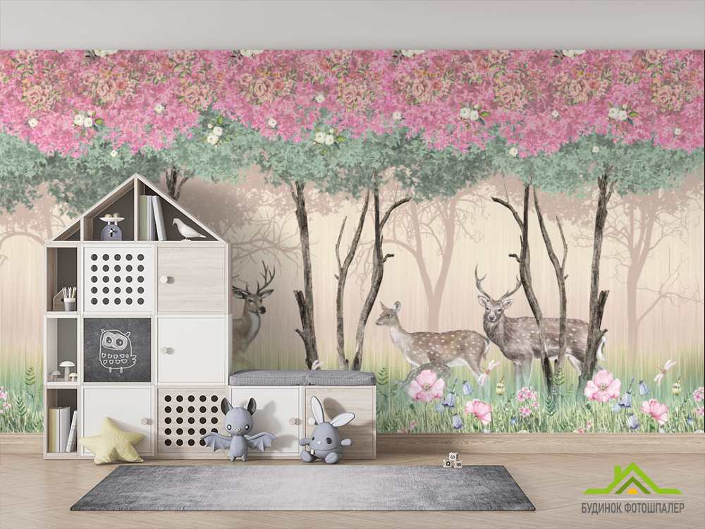 Фотообои Олени в розовом лесу