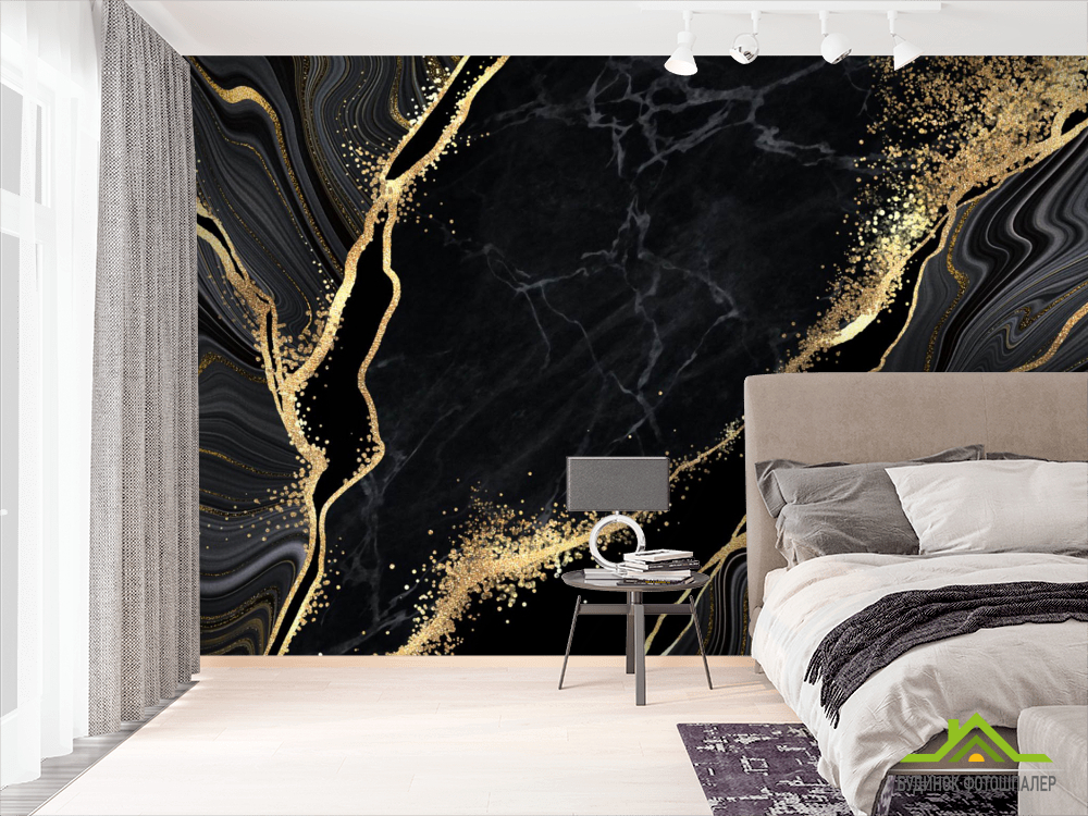 Фотошпалери чорний мармур з золотом