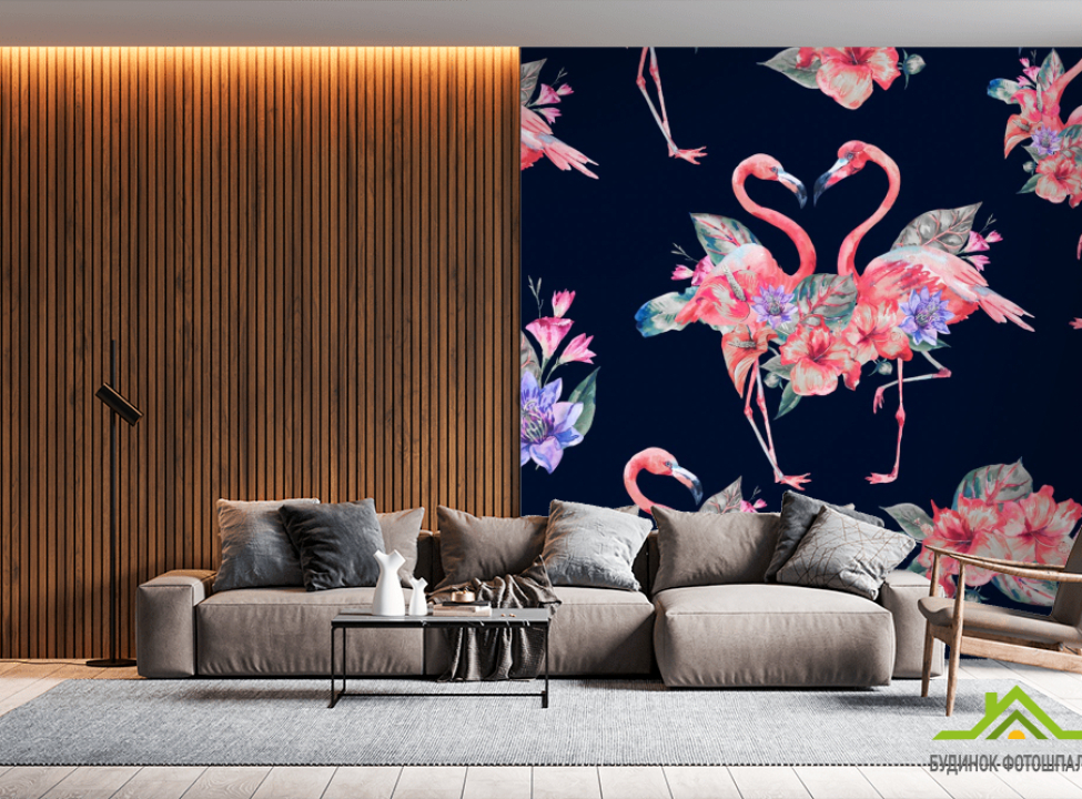 выбрать Фотообои розовые фламинго на темном фоне Фотообои с Фламинго на стену