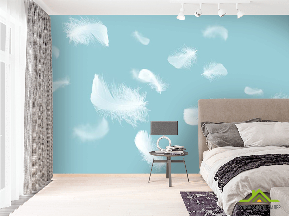 Фотошпалери білі пір'я на блакитному