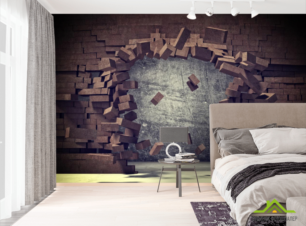 выбрать Фотообои Разбитая коричневая кирпичная стена Фотообои Расширяющие пространство на стену