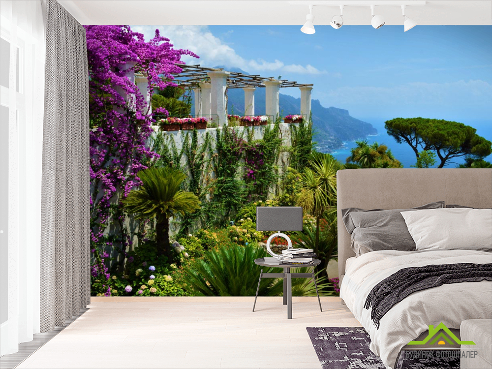 Фотообои вид на море из цветочного сада