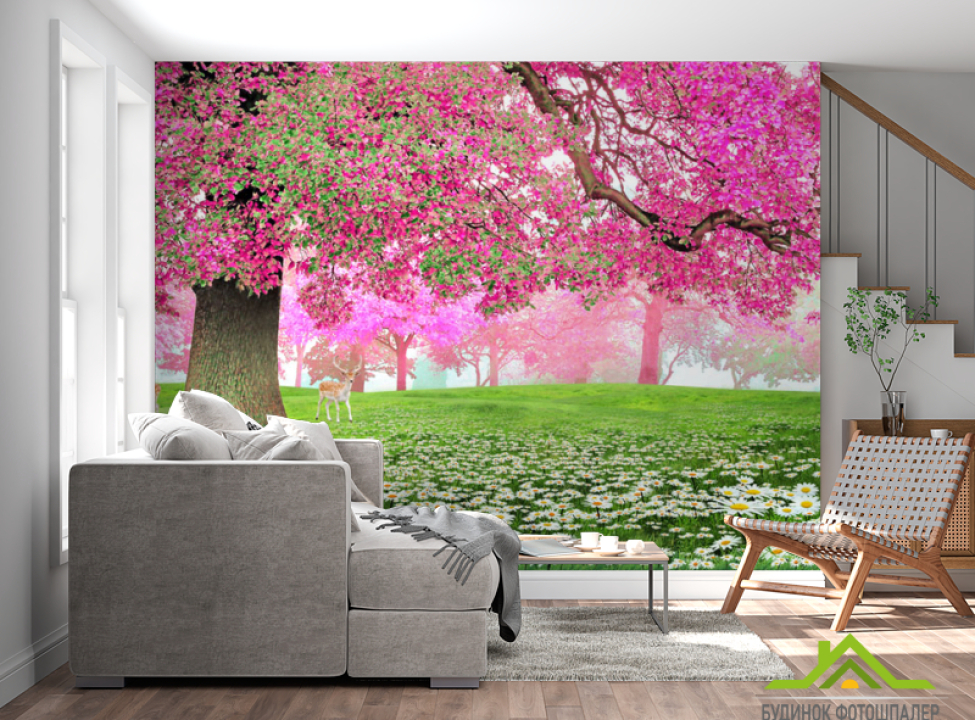 выбрать Фотошпалери Рожеве дерево та олень Фотошпалери Природа на стіну