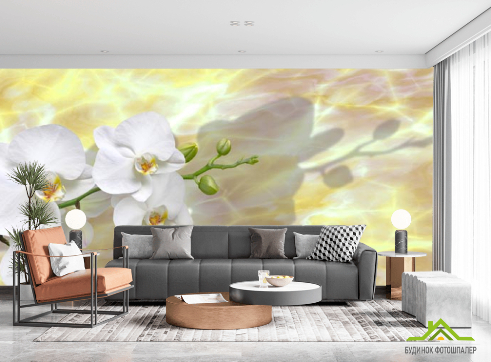 выбрать Фотообои белые орхидеи на  желтом фоне Фотообои Орхидеи на стену