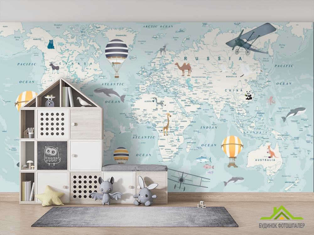 Фотошпалери блакитна карта світу з літаками англійською