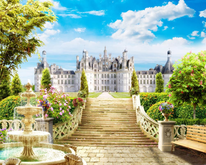 Фотошпалери Фонтан, сходи, замок