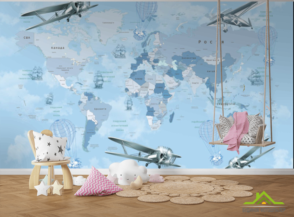 выбрать Фотообои Голубая карта на украинском с самолетами Фотообои Развивающие карты на стену