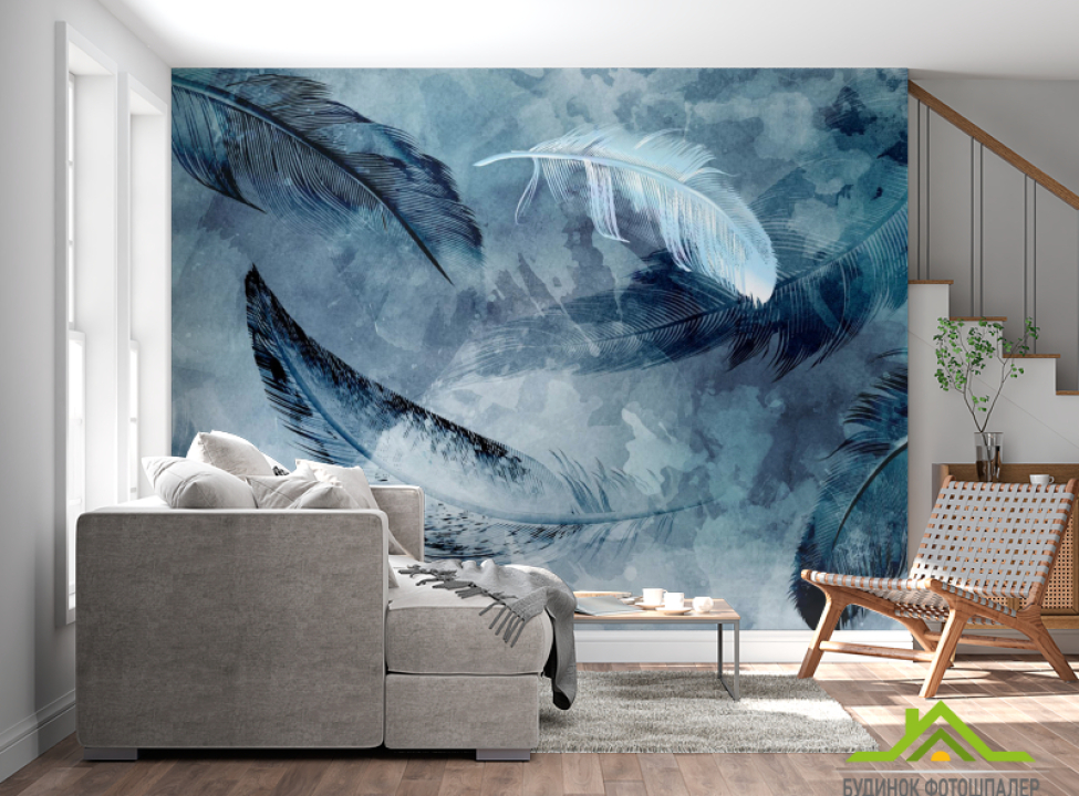 выбрать Фотошпалери сині акварельні пір'я Фотошпалери пір'я на стіну