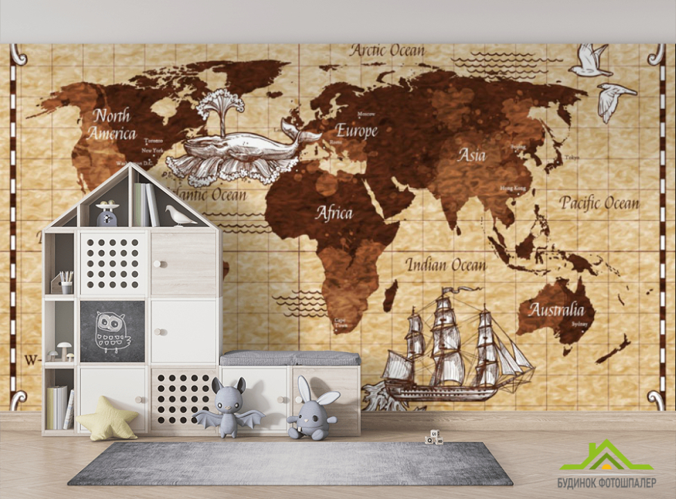 выбрать Фотошпалери Коричнева вінтажна карта Фотошпалери Розвиваючі карти на стіну