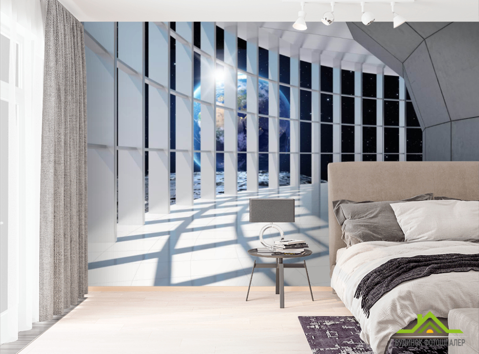 выбрать Фотошпалери Космос за вікном Фотошпалери Вид з вікна на стіну