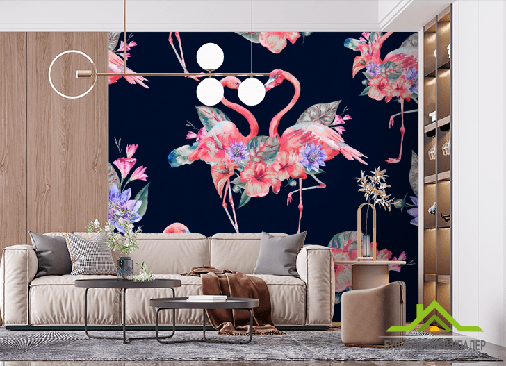 Фотообои розовые фламинго на темном фоне