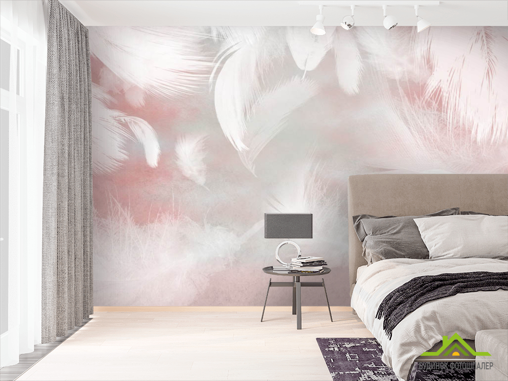 Фотошпалери білі пір'я на рожевому тлі