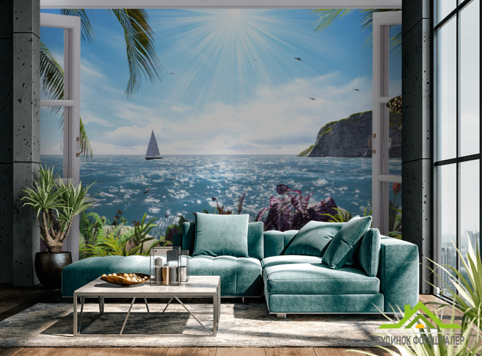 выбрать Фотошпалери Вид з вікна на море Фотошпалери Вид з вікна на стіну