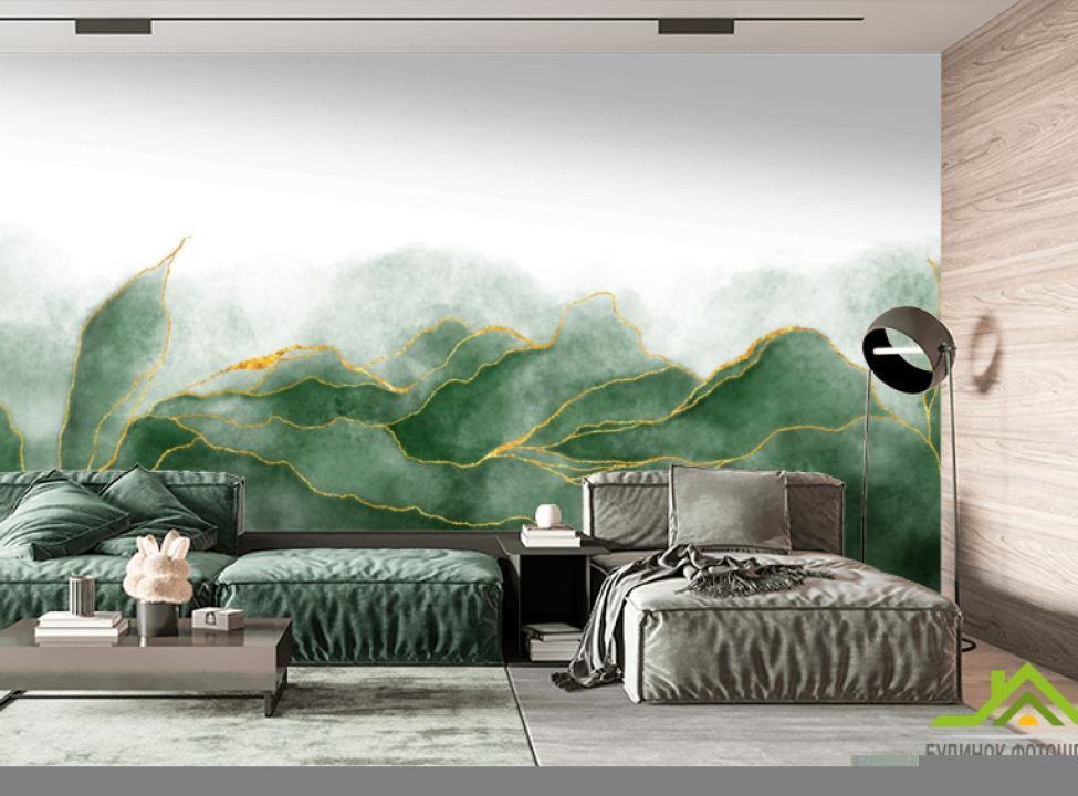 выбрать Фотообои зелёная акварель с золотом Фотообои с золочением на стену