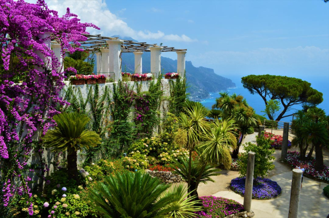 Фотообои вид на море из цветочного сада