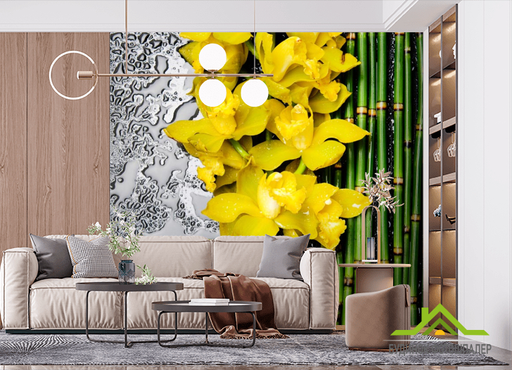 Фотошпалери жовта орхідея з бамбуком і водою
