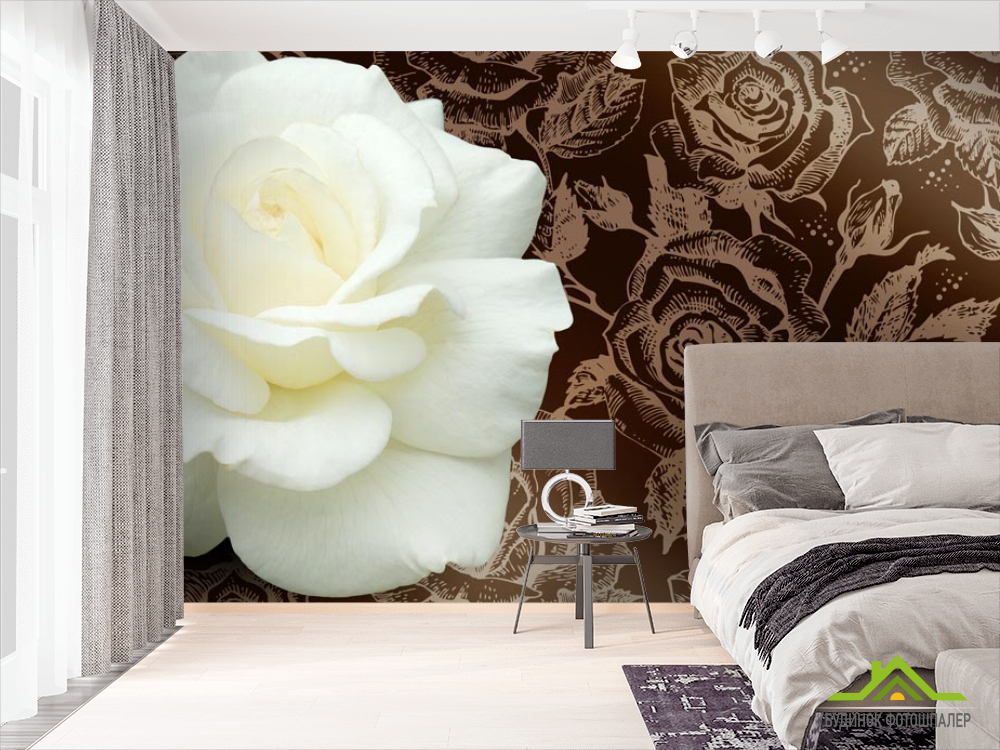 Фотошпалери Величезна біла троянда і патерн