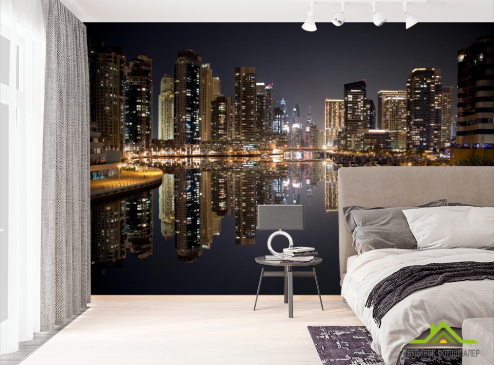 выбрать Фотообои городнад водой вечер Фотообои ночной город на стену