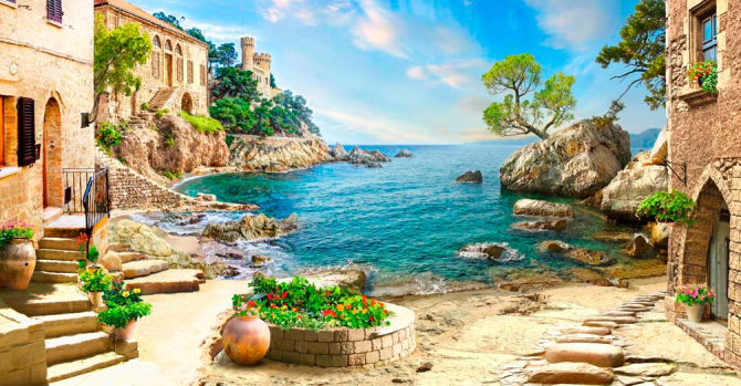 Фотошпалери Сходинки, клумба, море