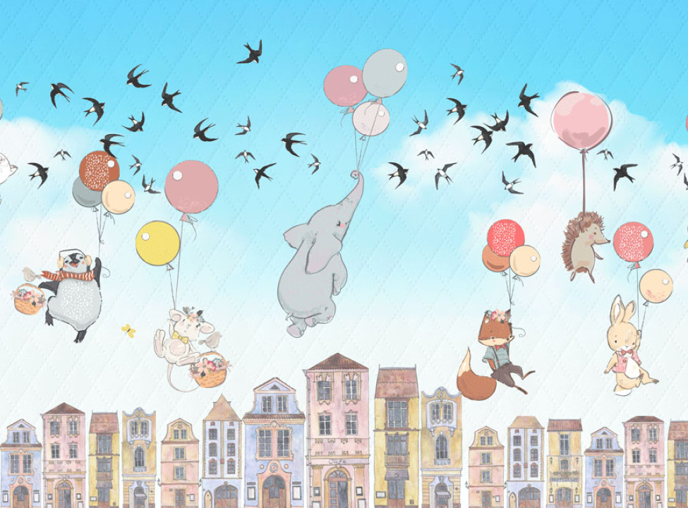 выбрать Фотообои Звери летящие над домиками Фотообои в детскую на стену