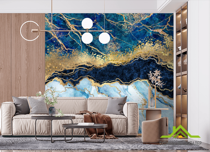 Фотошпалери Синій Fluid art з золотом