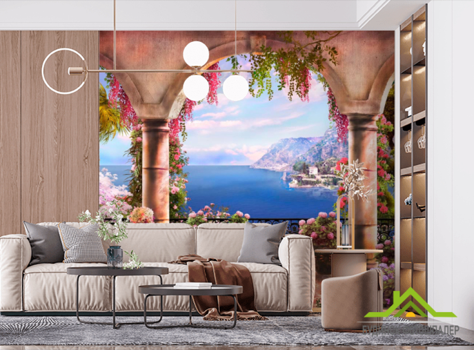 выбрать Фотошпалери Море, гори, балкон, квіти Фотошпалери Фрески на стіну
