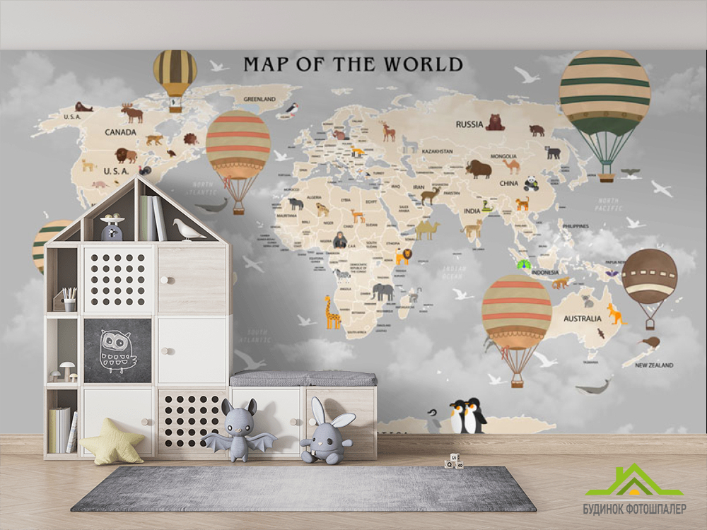 Фотошпалери сіра карта англійською з повітряними кулями