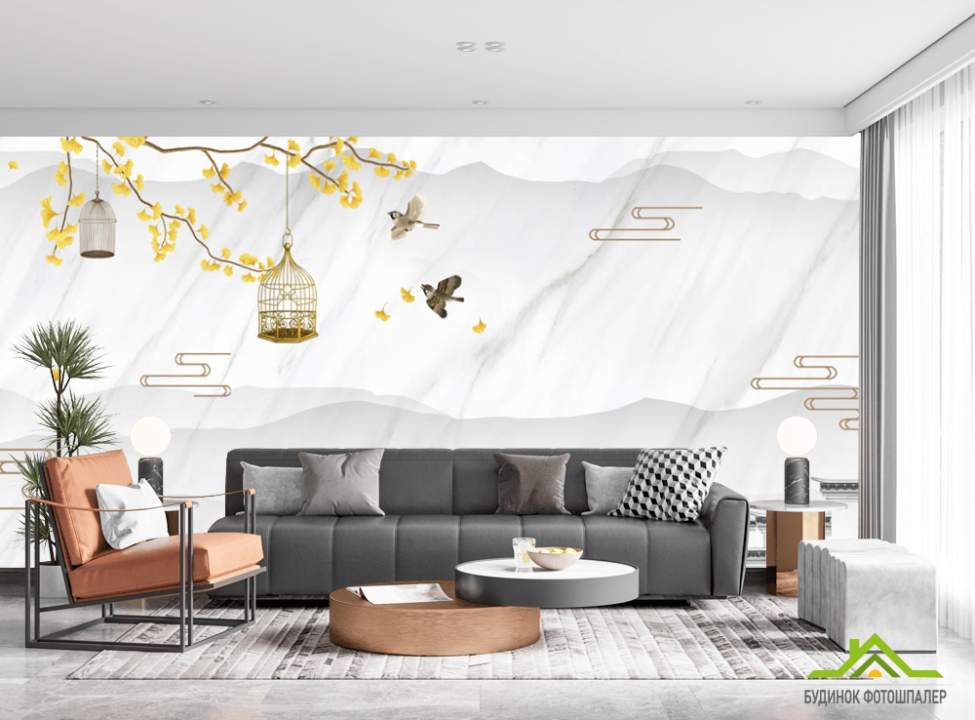 выбрать Фотообои Ветка гинкго и птицы в клетке Фотообои Восточный стиль на стену