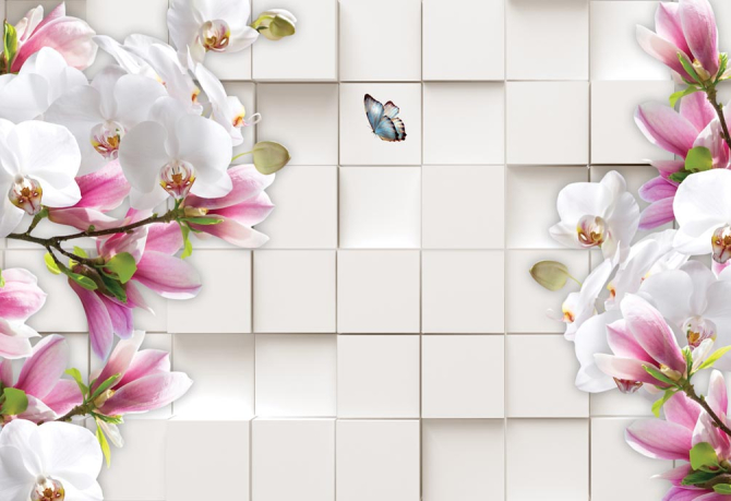Фотообои Магнолии на фоне 3д квадратов