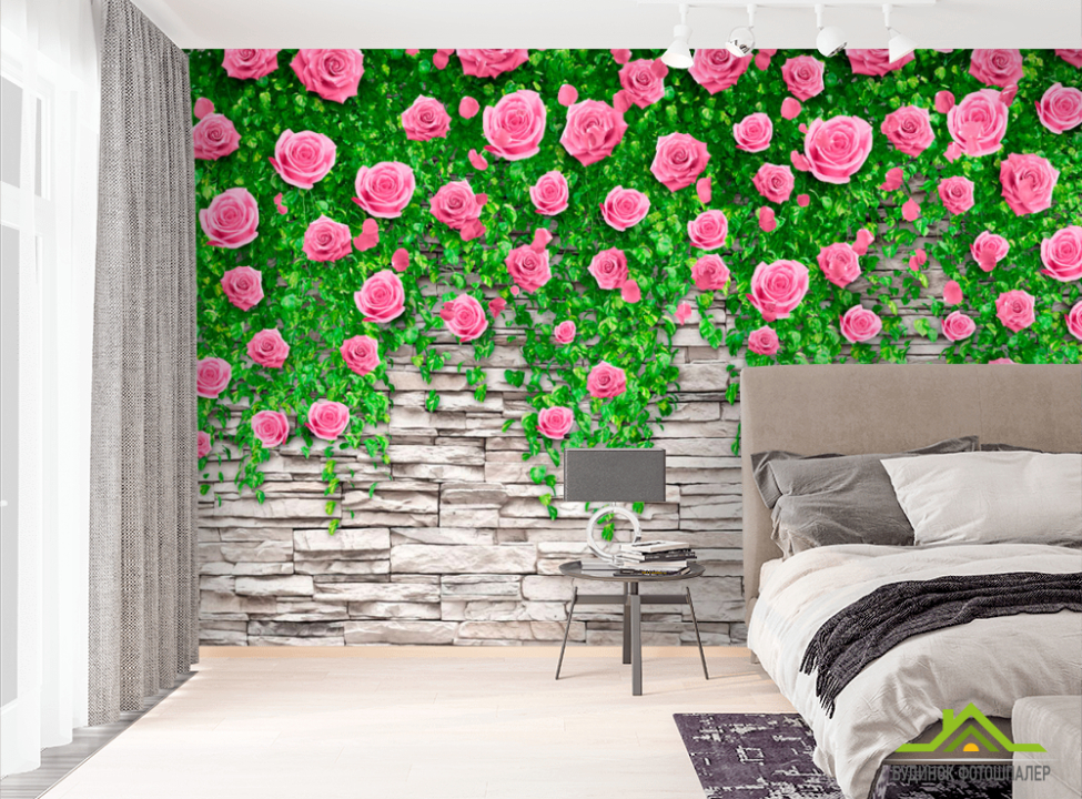 выбрать Фотошпалери Кам'яна стіна з трояндами Фотошпалери квіти 3d на стіну