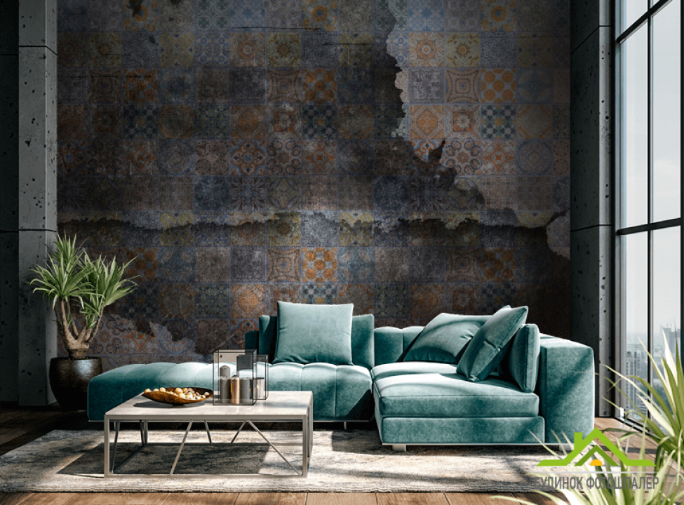 выбрать Фотообои Мотивы печворк на фоне черного кирпича Обои под кирпич на стену