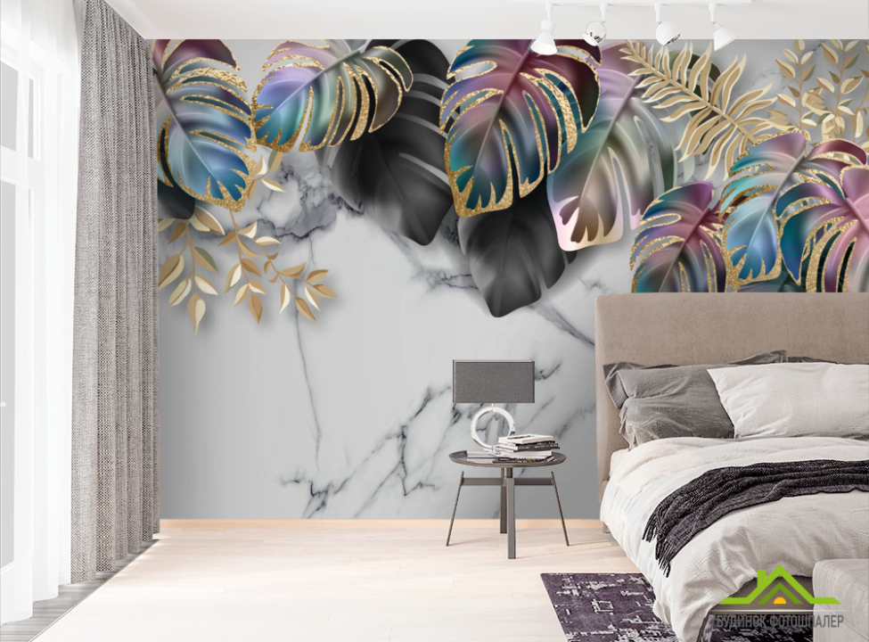 выбрать Фотошпалери Тропічні листя на мармурі Фотошпалери тропічні листя на стіну
