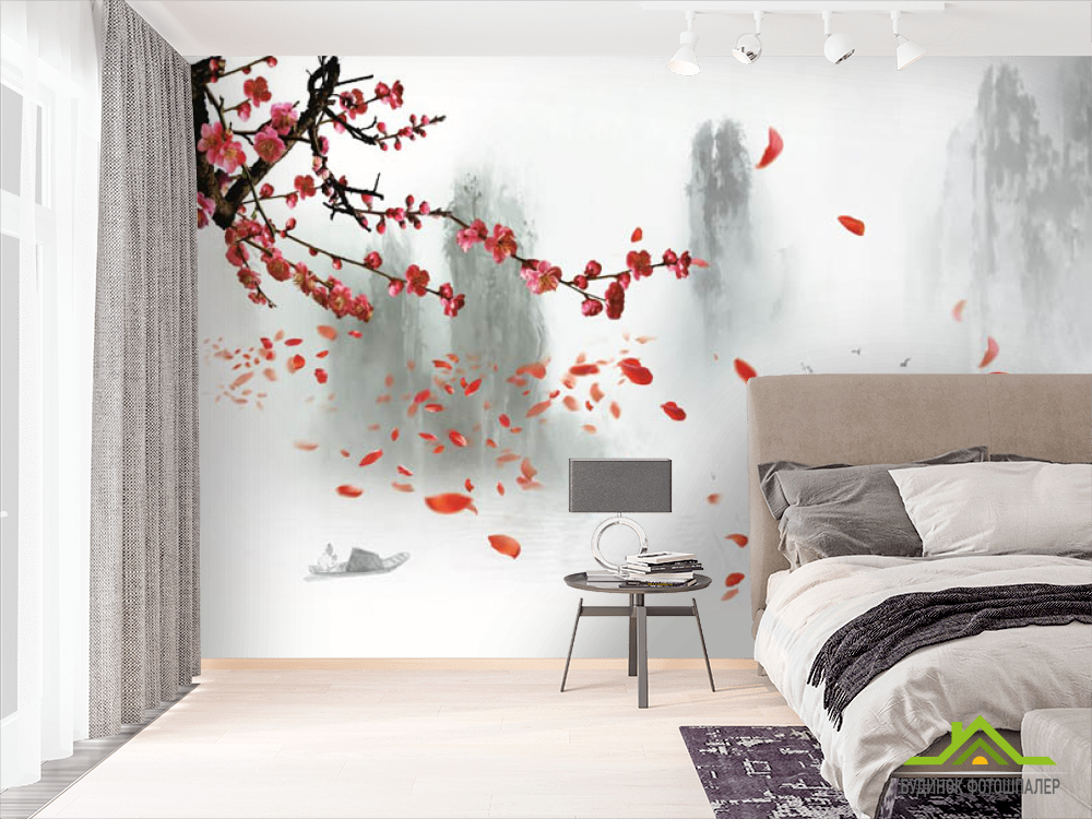 Фотообои Красная ветка сакуры