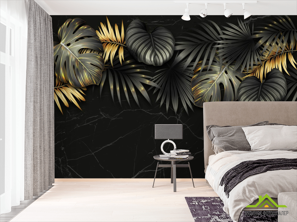 Фотошпалери золоті листя на чорному