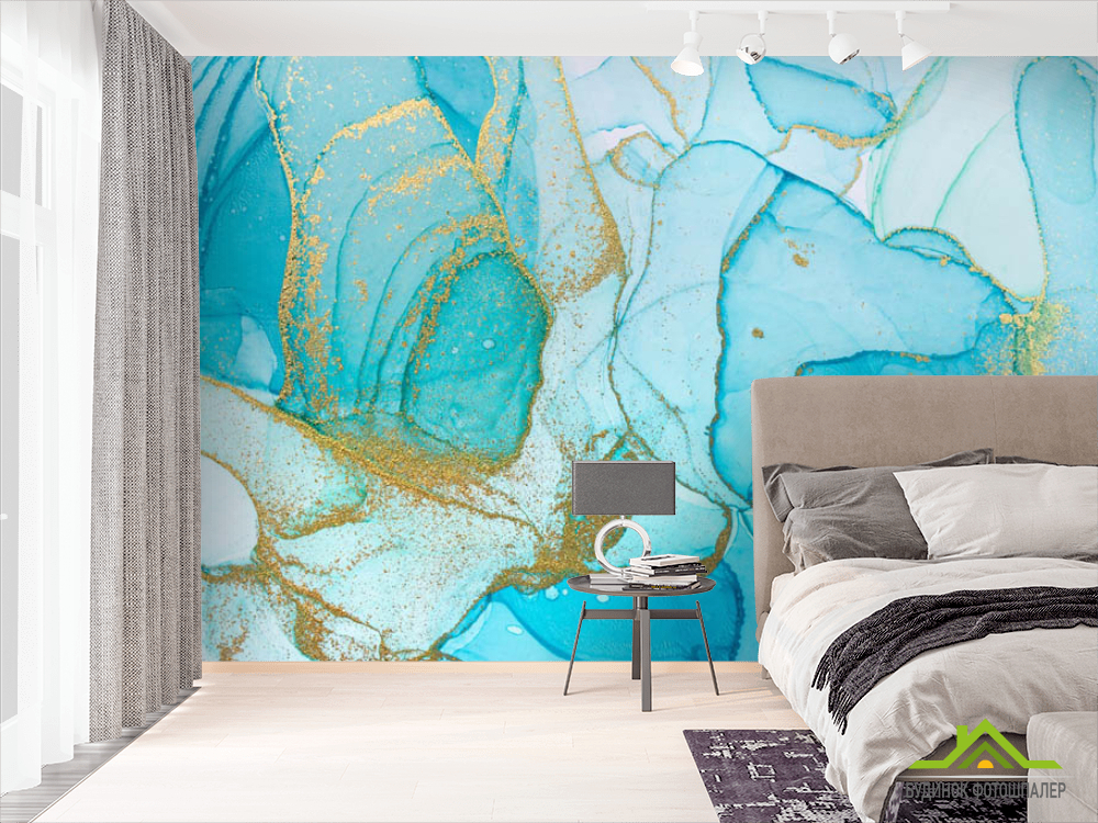 Фотошпалери Блакитний fluid art з золотом