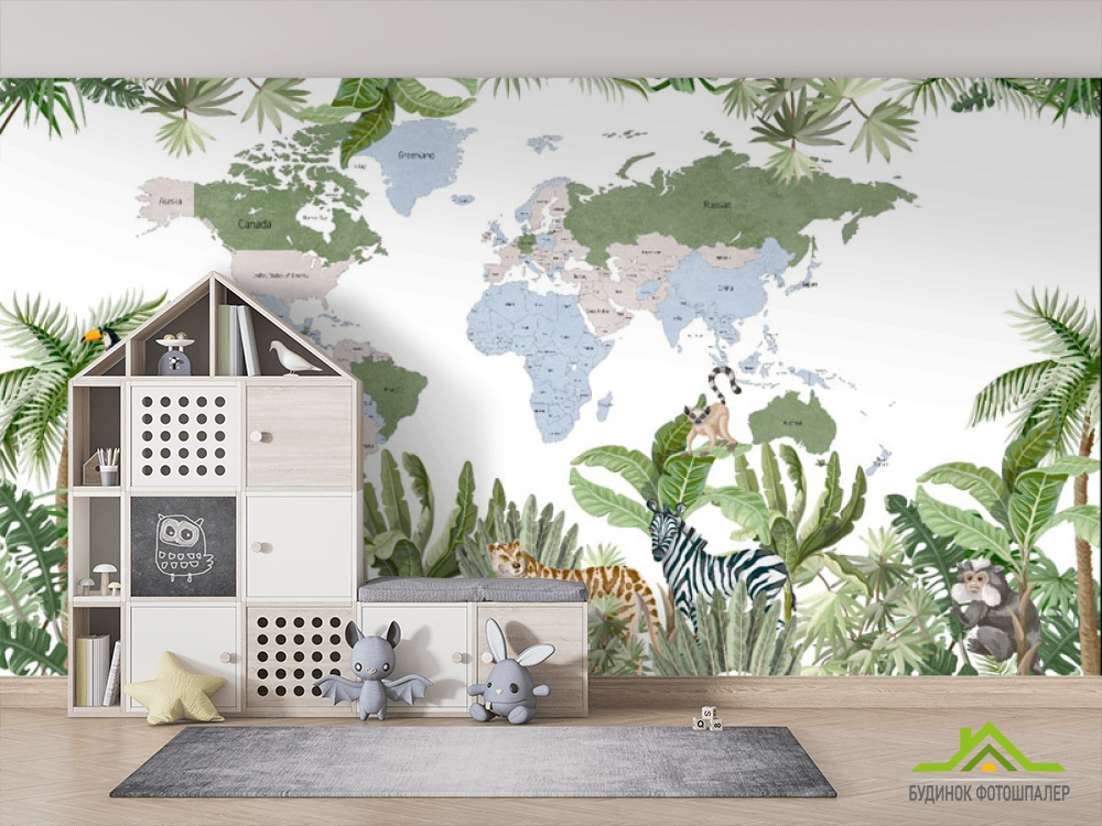 Фотообои Карта детская с тропическим лесом и животными на английском