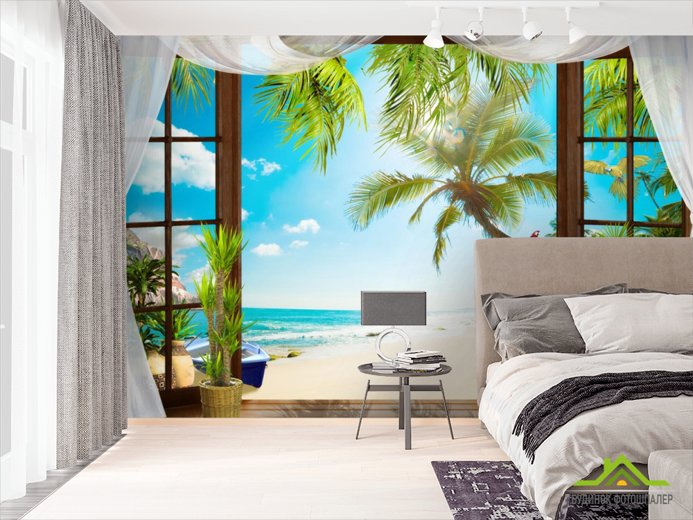 Фотообои Вид из окна на пальмы и море
