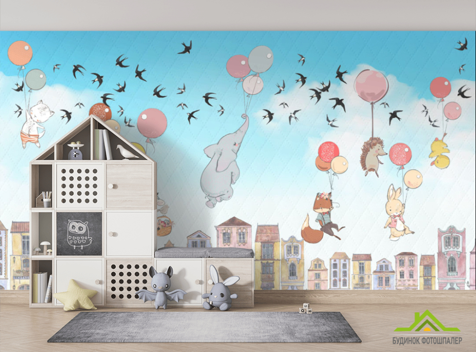 выбрать Фотообои Звери летящие над домиками Фотообои в детскую на стену