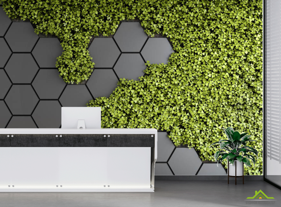 выбрать Фотообои Шестиугольники с зеленью Фотообои в офис на стену