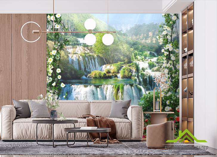 Фотошпалери водоспад за кам'яним парканом