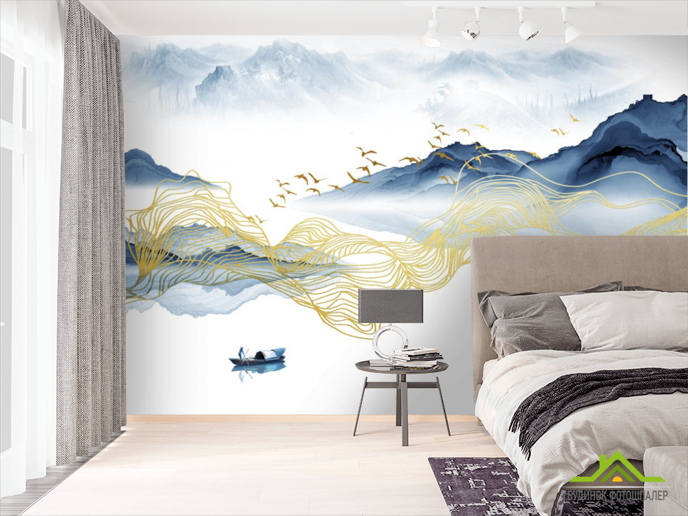 Фотообои Волны из синей и золотой абстракции