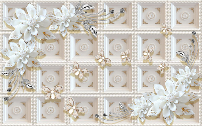 Фотообои Керамические цветы на фоне золотой стены